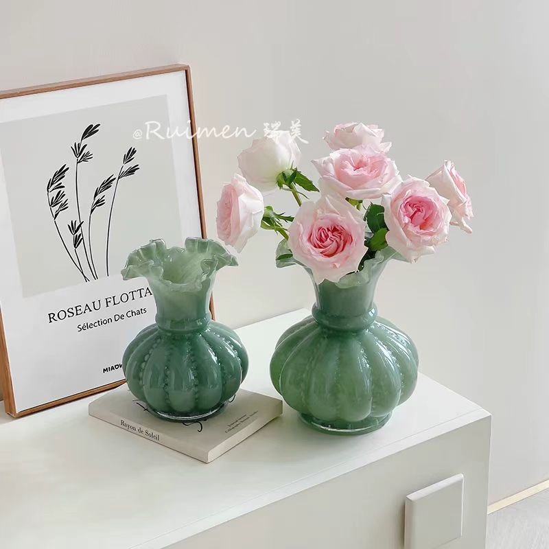 奶油芬顿花瓶奶油色粉色花瓶黄色花瓶绿色花瓶玻璃花瓶居家摆件工艺品花瓶