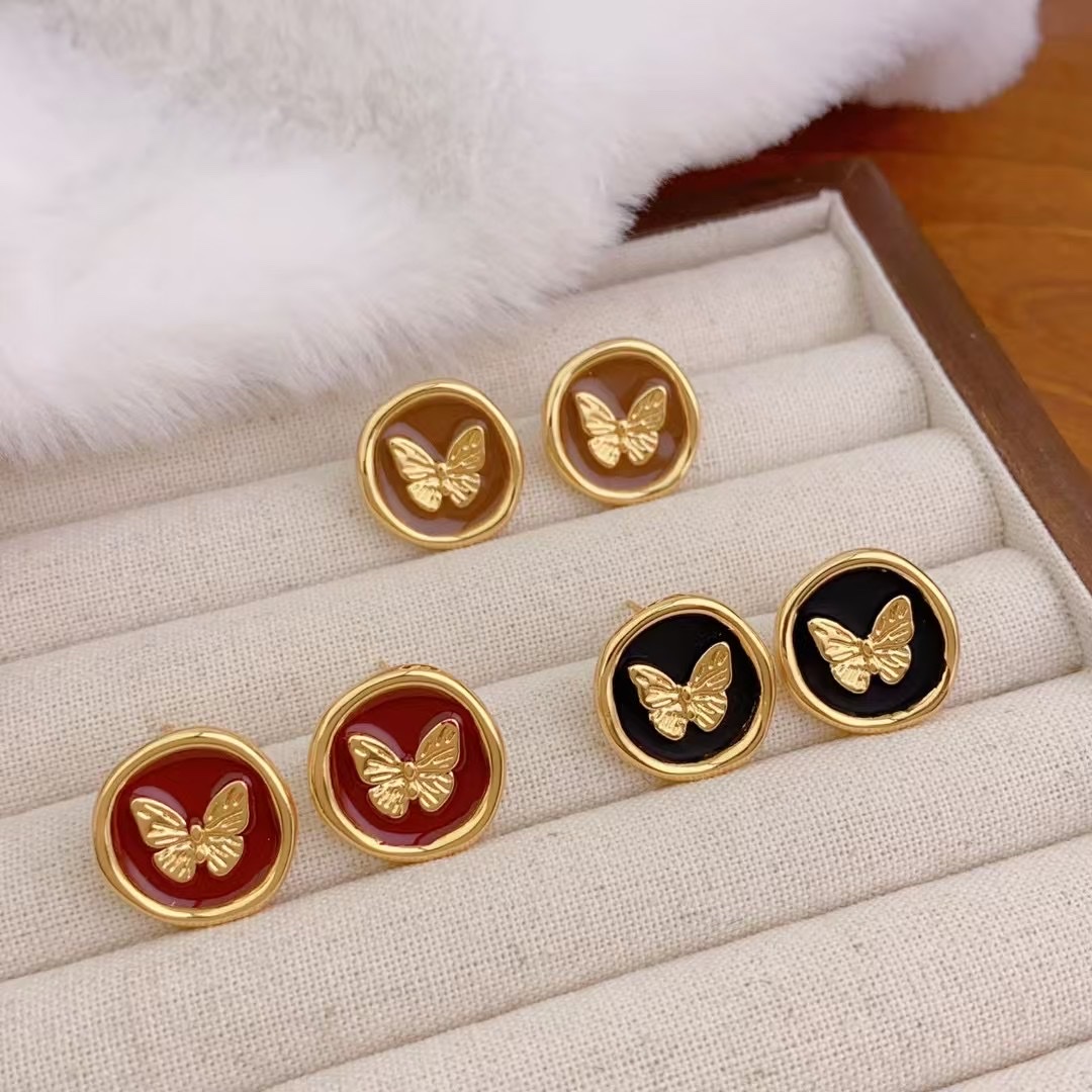 Copper-plated real gold French butterfly enamel drop glaze small chanel-style earrings for women, new elegant style, stud earrings, earrings, silver needles