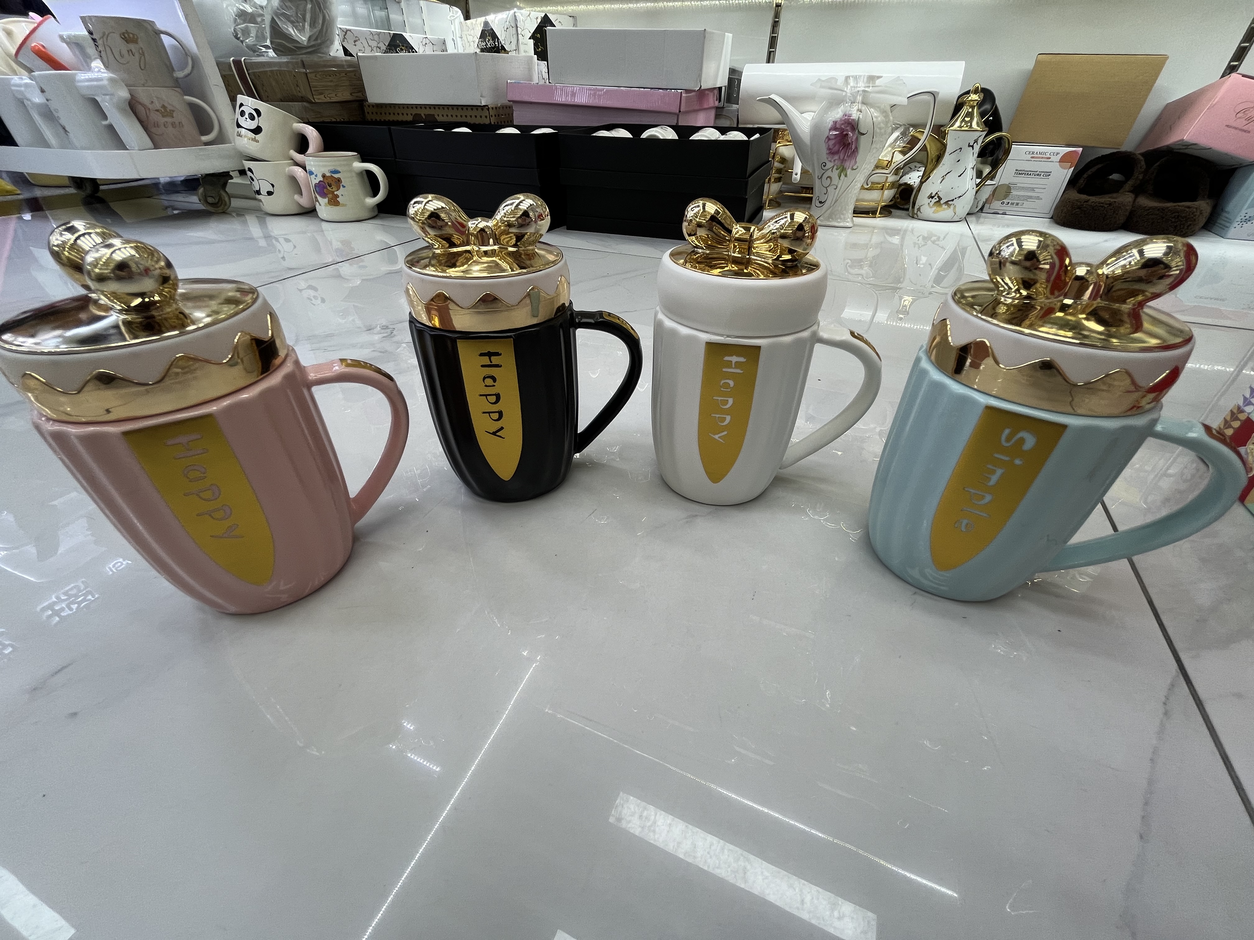 四色蝴蝶盖镜面单杯陶瓷杯陶瓷工艺品陶瓷