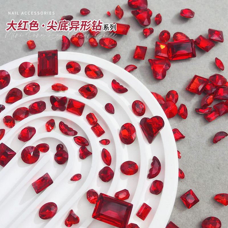 Red pointed-bottom irregular-shaped diamond heart butterfly rock sugar k9 glass New Year Festival celebration Christmas nail art accessories wholesale nail art diamond DIY accessories Nail art diamond source manufacturer wholesale details Picture