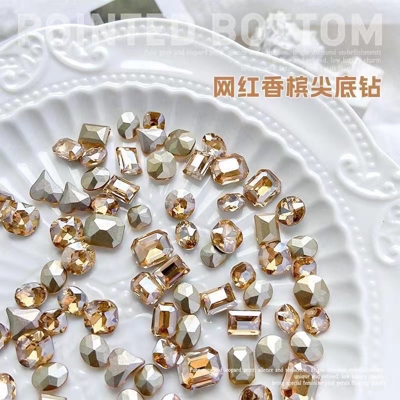 网红美甲香槟色异形尖底钻秋冬美拉德超闪鸽子蛋肥方堆钻饰品批发 玻璃钻 饰品配件 玻璃钻源头生产厂家