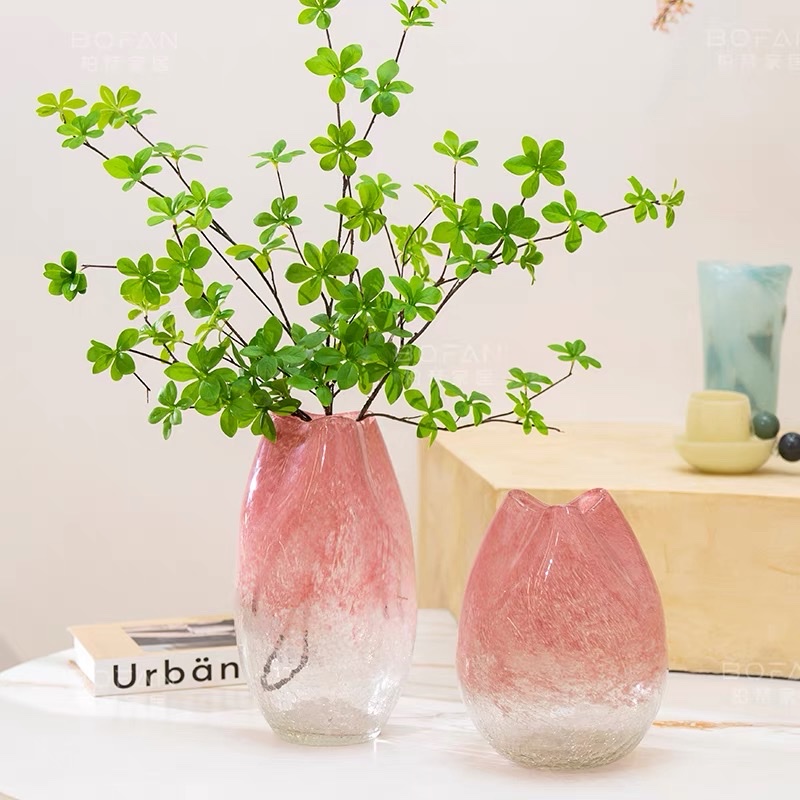 柏梵轻奢简约粉色玻璃花瓶摆件客厅插花餐桌鲜花花瓶家居装饰高档