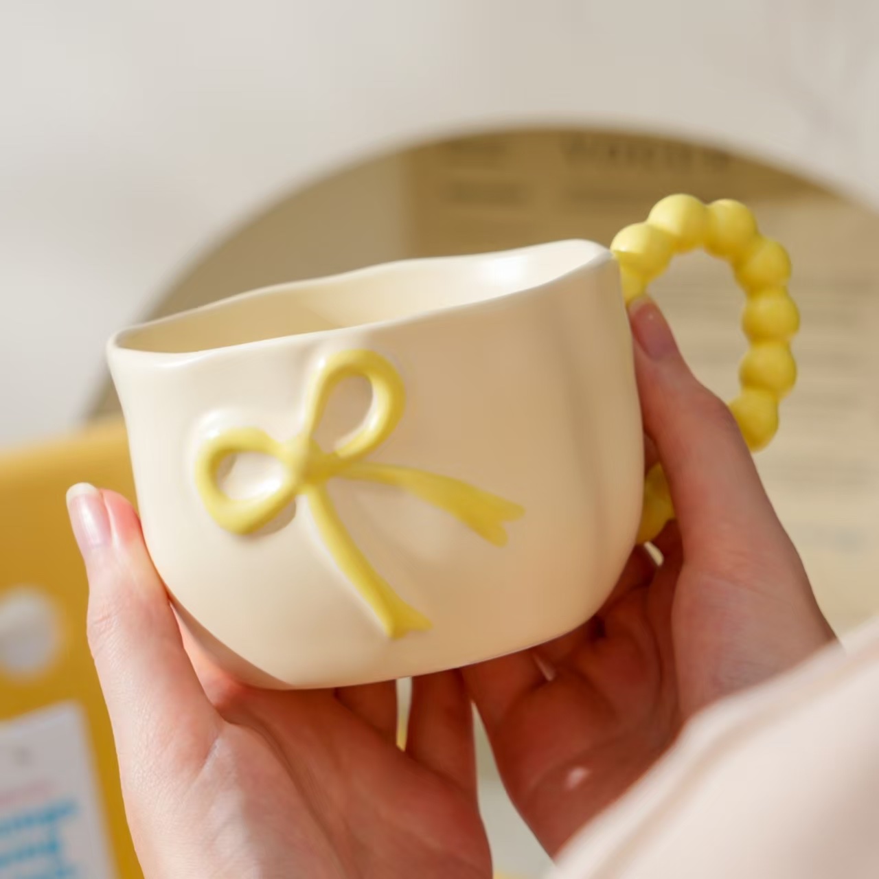 奶油陶瓷杯蝴蝶结手捏杯高颜值咖啡杯马克杯儿童水杯生日礼物女生陶瓷杯陶瓷杯学生可爱水果马克杯子详情图3