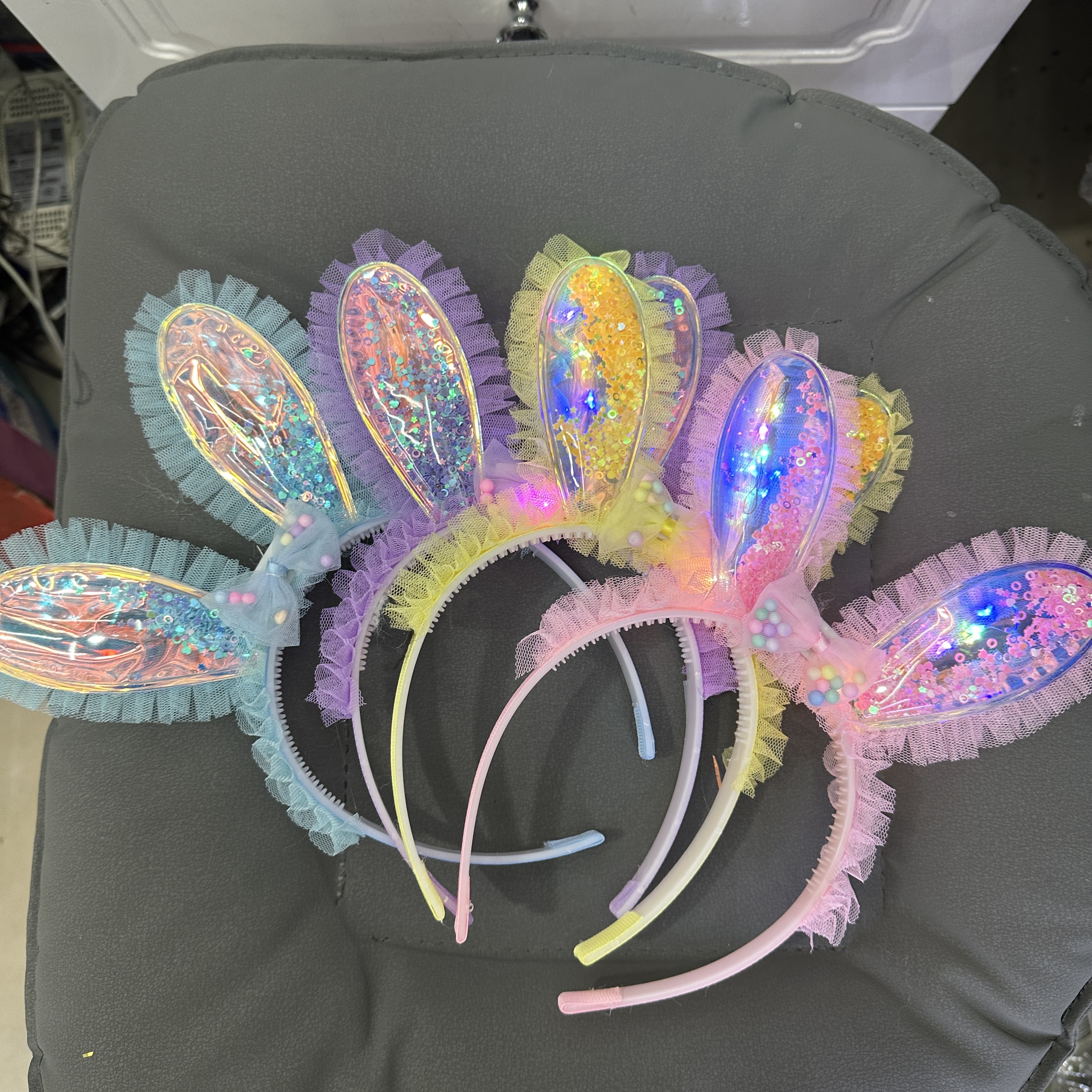 流沙亮片兔耳朵发箍头扣发光亮片兔耳朵头扣发饰头饰儿童发光玩具蕾丝兔耳朵蝴蝶结发箍发卡发光玩具