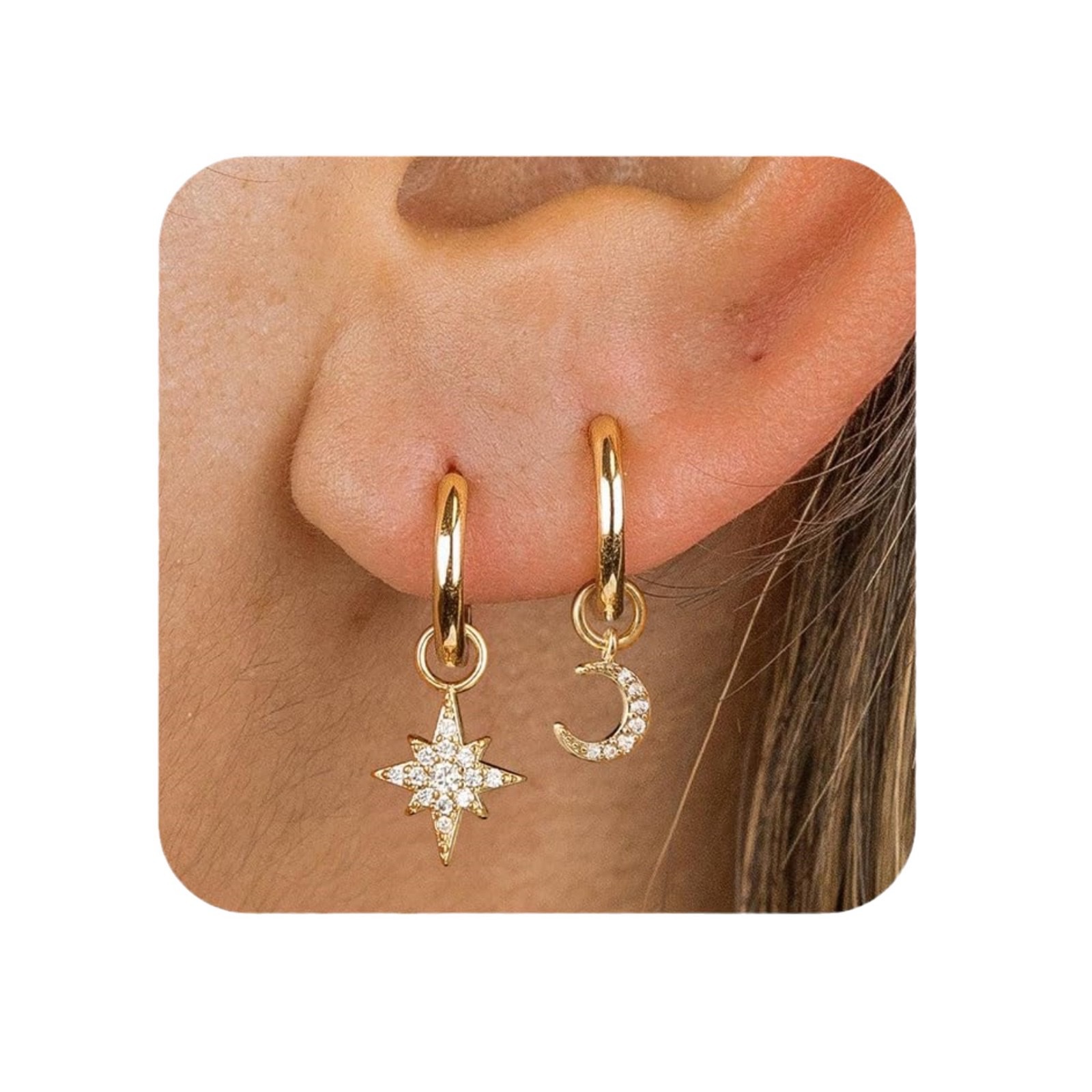 欧美跨境热销 真金黄铜电镀 小清新时尚八芒星月亮形吊坠耳环耳饰  三件套时尚简约百搭套装女可拆卸搭配套装批发耳饰女wa 白底实物图