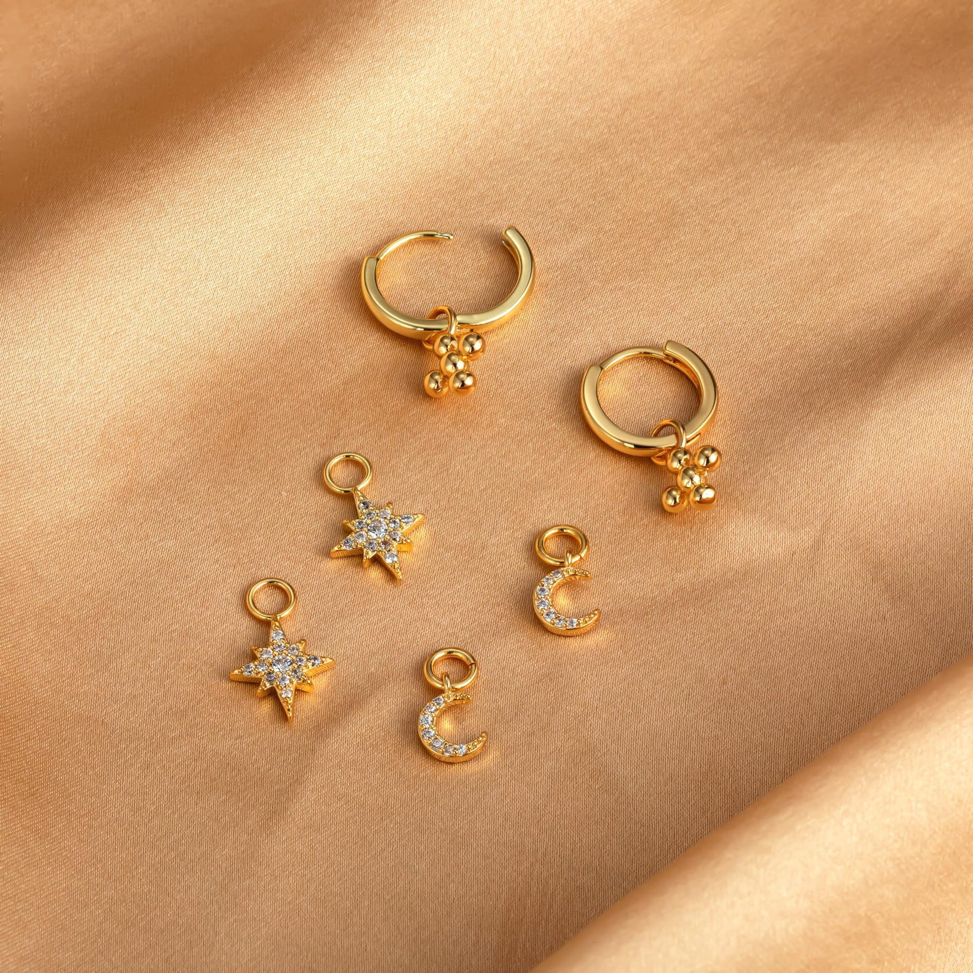 欧美跨境热销 真金黄铜电镀 小清新时尚八芒星月亮形吊坠耳环耳饰  三件套时尚简约百搭套装女可拆卸搭配套装批发耳饰女wa 