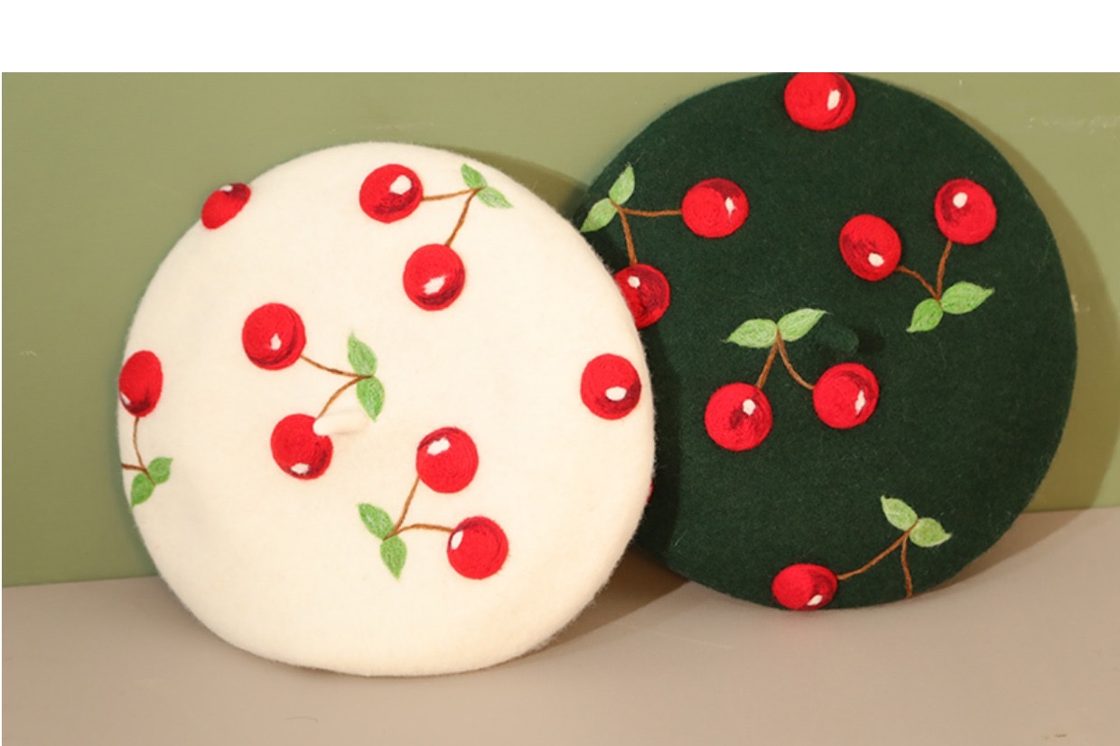 秋硕原创可爱立体樱桃原创手工羊毛毡秋冬保暖贝雷帽大头文艺品质帽详情图7