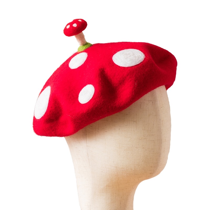 Qiu Shuo Original Handmade wool felt beret with a small mushroom on top, creative painter hat, birthday gift hat detail image 6