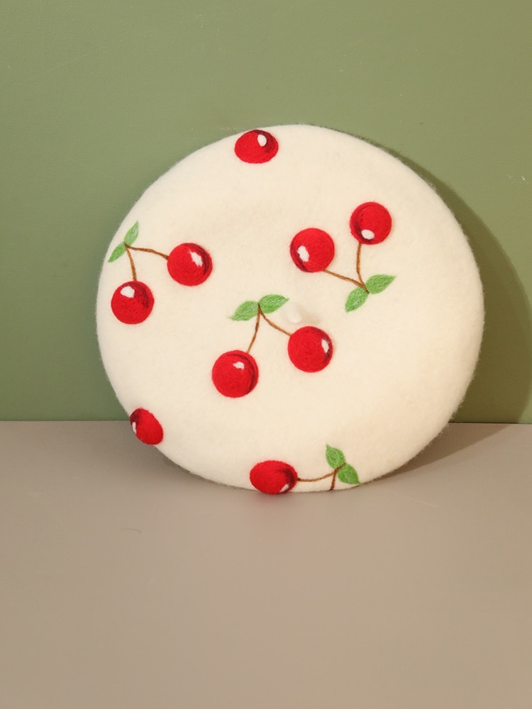 Qiu Shuo Original Cute Three-dimensional Cherry Original handmade wool felt autumn and winter Warm Beret Big Head Artistic Quality Hat Application Scenario