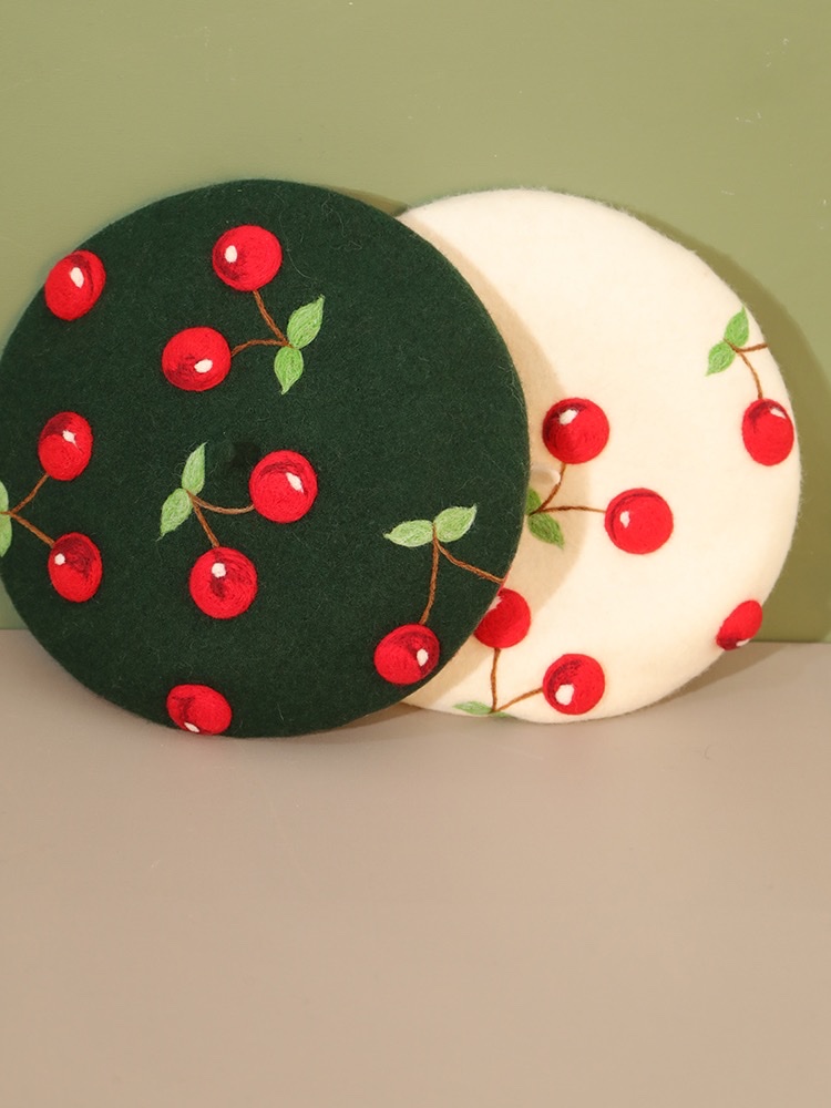 秋硕原创可爱立体樱桃原创手工羊毛毡秋冬保暖贝雷帽大头文艺品质帽详情图6