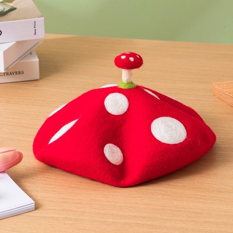 Qiu Shuo Original Handmade wool felt beret with a small mushroom on top, creative painter hat, birthday gift hat detail image 3
