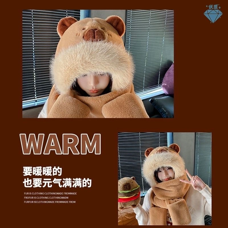 Capibara Capybara hat, scarf, gloves Winter new style scarf, warm plush three-piece set for cycling detail image 6