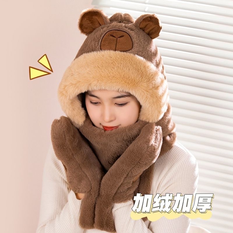 可爱卡皮巴拉帽子围巾三件套女秋冬卡通毛绒水豚保暖防风围脖一体白底实物图