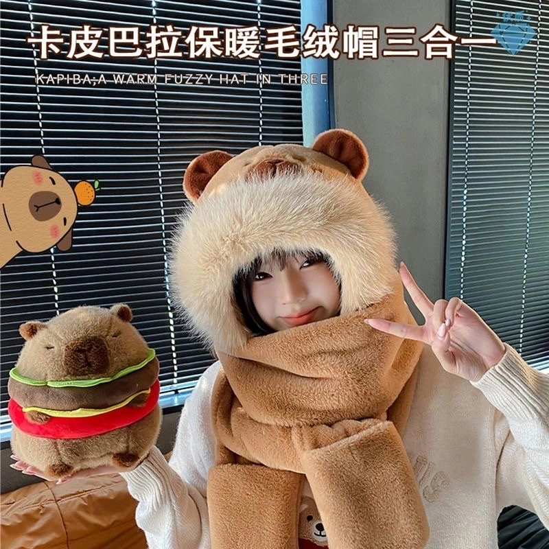 Capibara Capybara hat, scarf, gloves Winter new style scarf, warm plush three-piece set for cycling detail image 7
