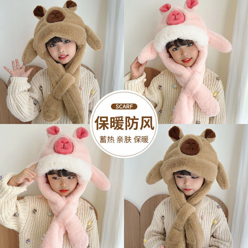A Capibara hat with moving ears, a children's ear-protecting hat and scarf in one, a plush hat for winter warmth and cold protection detail image 6
