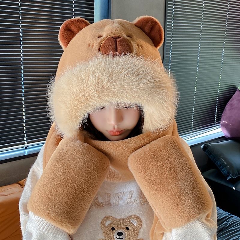 Capibara Capybara hat, scarf, gloves Winter new style scarf, warm plush three-piece set for cycling