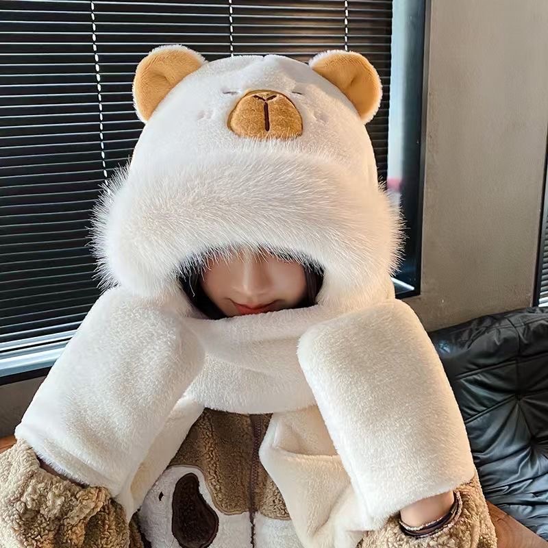 Capibara Capybara hat, scarf, gloves Winter new style scarf, warm plush three-piece set for cycling detail image 2