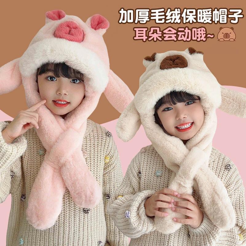 A Capibara hat with moving ears, a children's ear-protecting hat and scarf in one, a plush hat for winter warmth and cold protection detail image 7