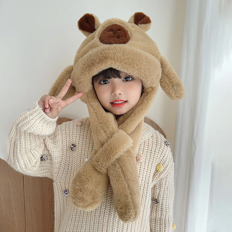 A Capibara hat with moving ears, a children's ear-protecting hat and scarf in one, a plush hat for winter warmth and cold protection detail image 3