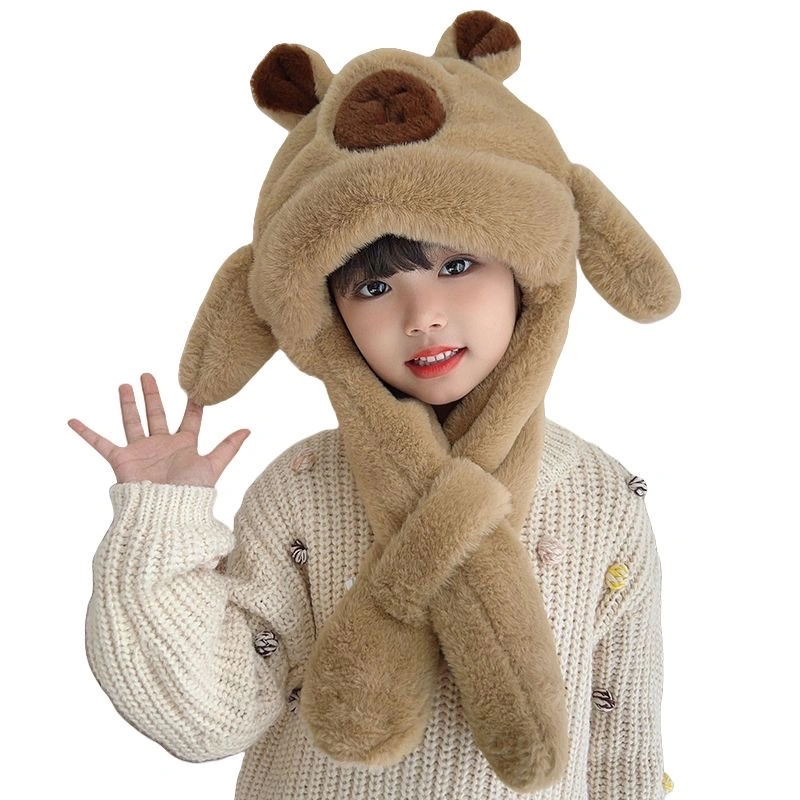 A Capibara hat with moving ears, a children's ear-protecting hat and scarf in one, a plush hat for winter warmth and cold protection detail image 4