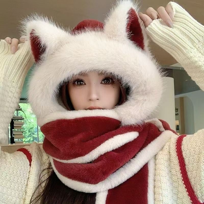 高级安可拉新款红色毛绒帽子围巾一体女款秋冬季必备骑车保暖护耳