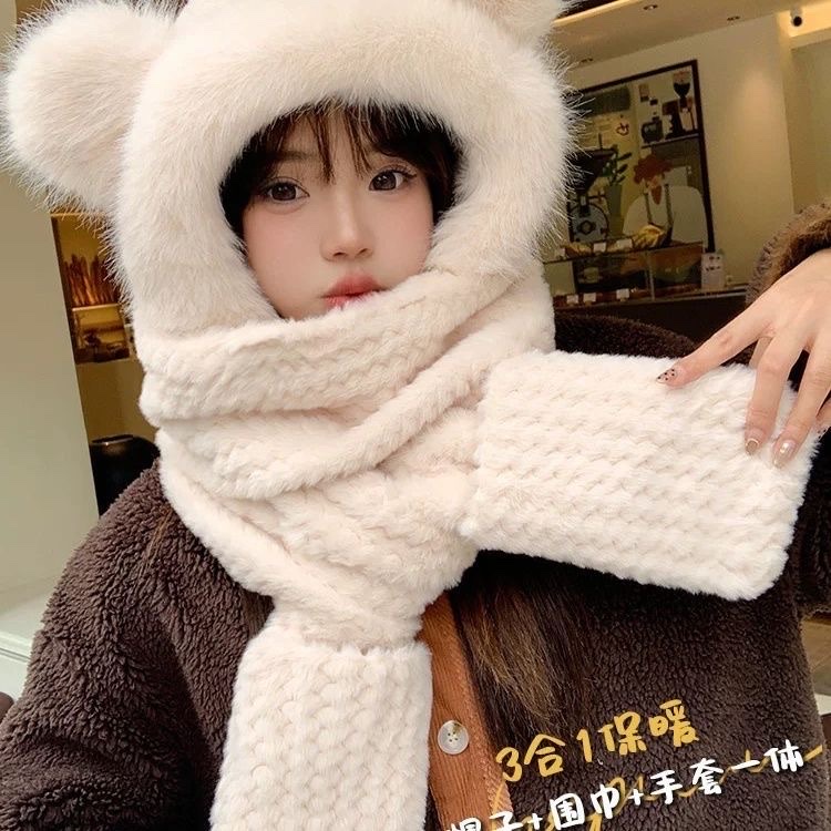 Cute furry ear hat, warm winter gloves, little bear cycling scarf, three-piece set, thickened ear-protecting scarf detail image 7