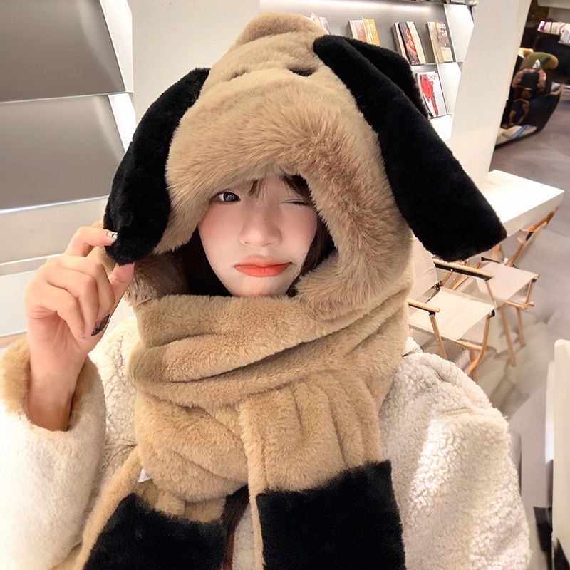 可爱帕恰小狗毛绒连帽围巾帽子一体卡通冬季围脖保暖女手套三件套详情图3