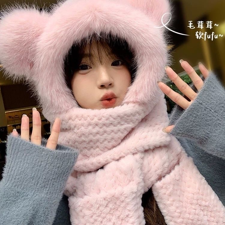 Cute furry ear hat, warm winter gloves, little bear cycling scarf, three-piece set, thickened ear-protecting scarf detail image 6
