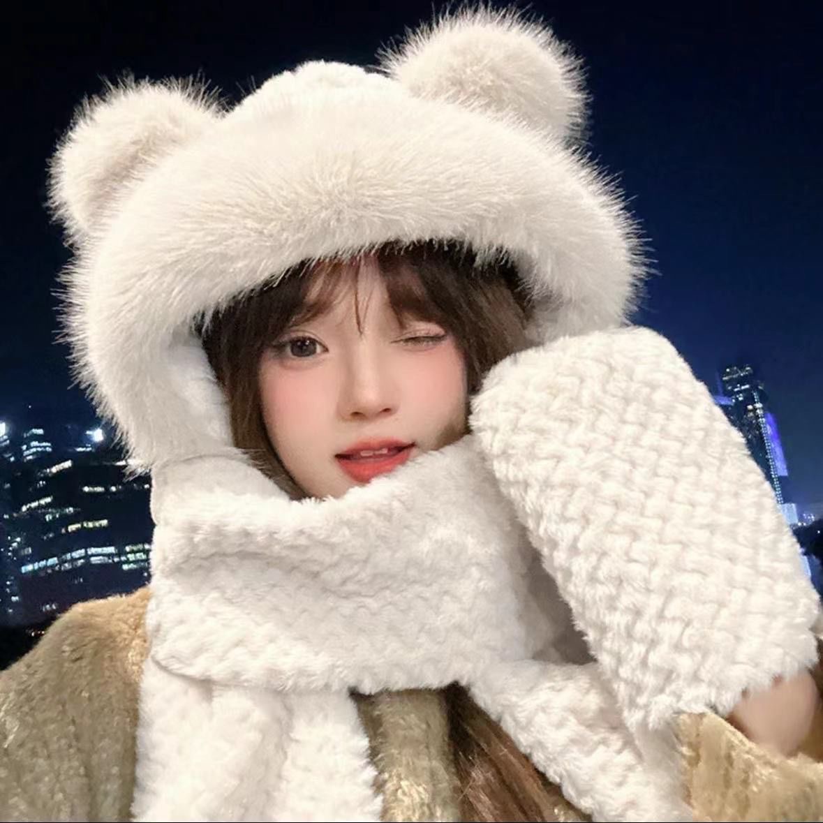 Cute furry ear hat, warm winter gloves, little bear cycling scarf, three-piece set, thickened ear-protecting scarf detail image 2