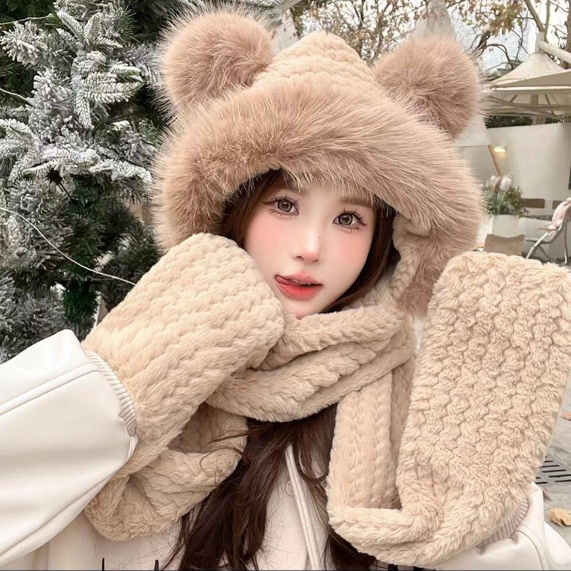 Cute furry ear hat, warm winter gloves, little bear cycling scarf, three-piece set, thickened ear-protecting scarf