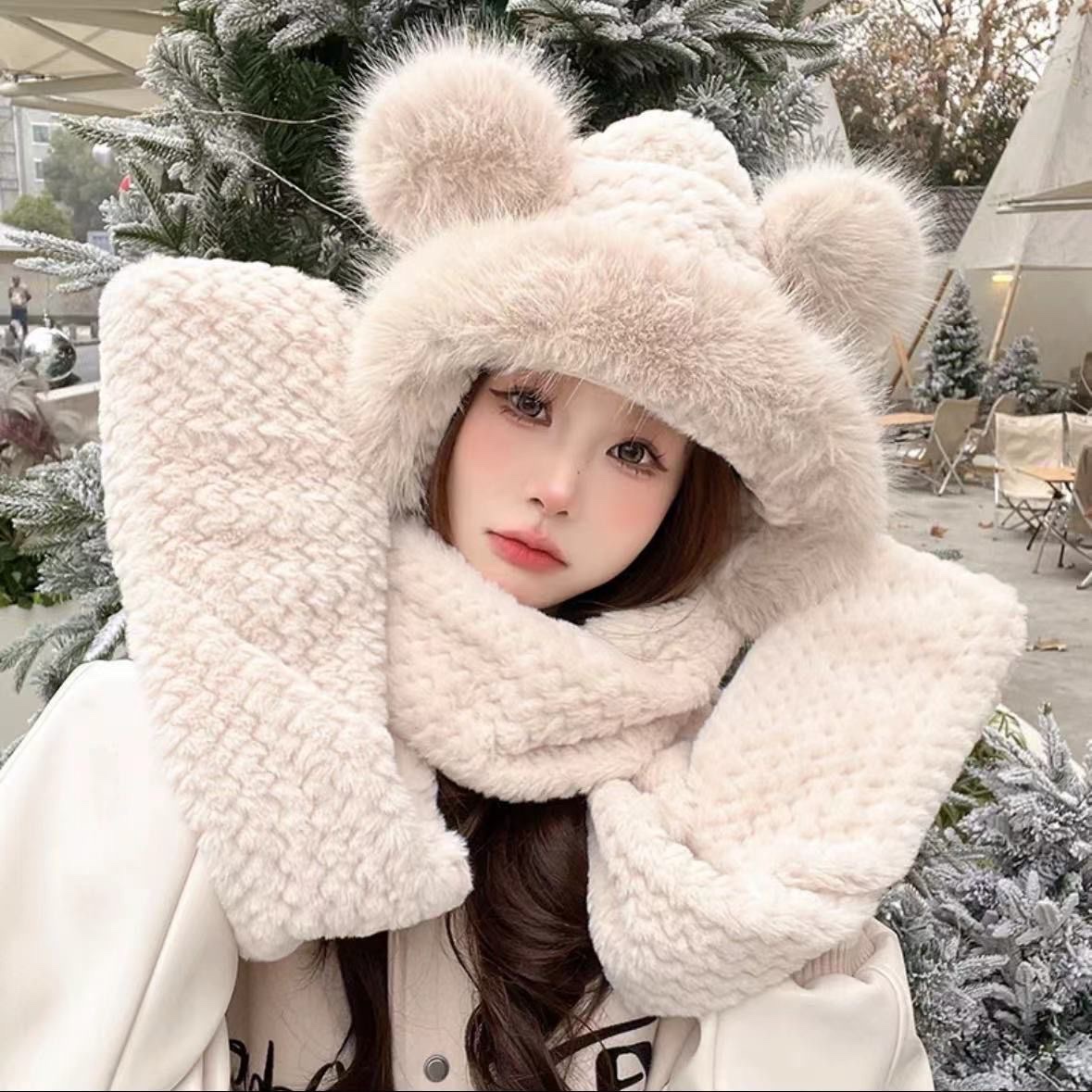Cute furry ear hat, warm winter gloves, little bear cycling scarf, three-piece set, thickened ear-protecting scarf Specification image
