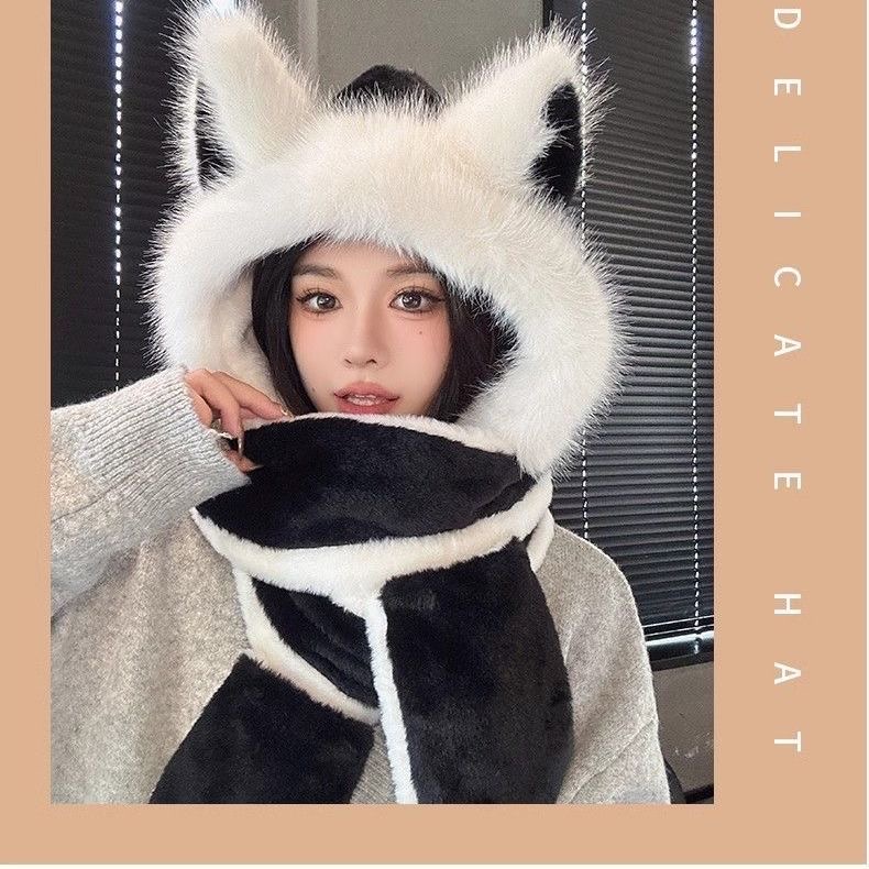 高级安可拉新款红色毛绒帽子围巾一体女款秋冬季必备骑车保暖护耳详情图2