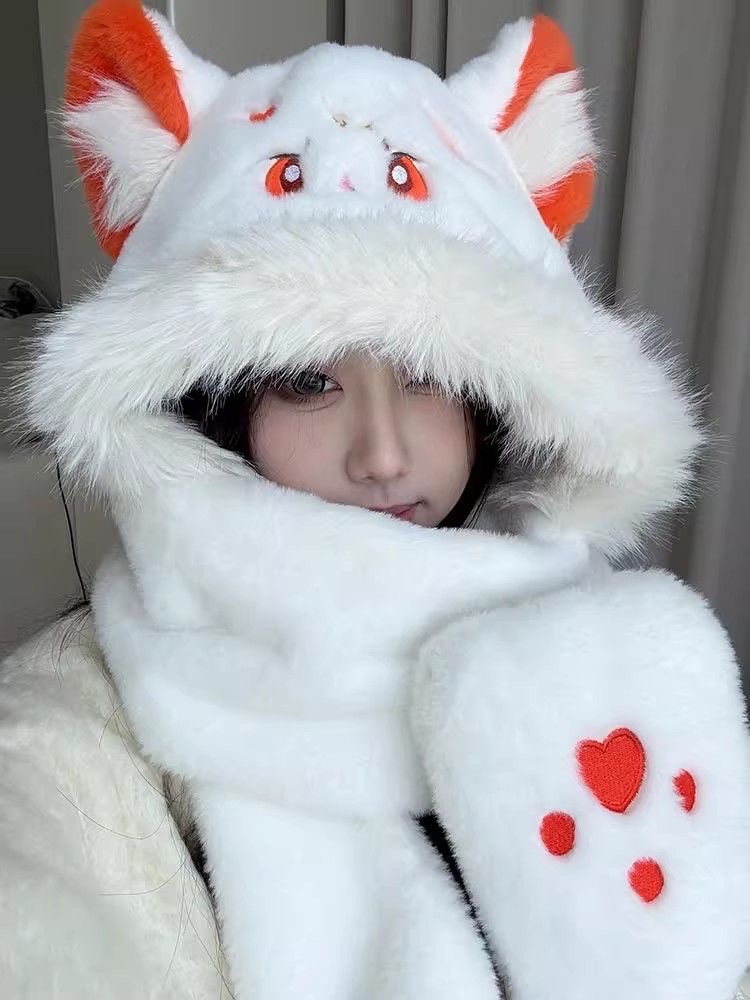 日系万叶猫猫周边毛绒雷锋帽子女男冬天保暖二次元萌趣套头帽子潮白底实物图