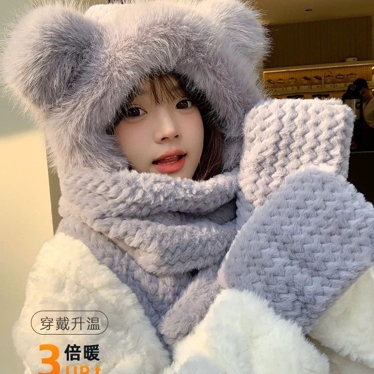 Cute furry ear hat, warm winter gloves, little bear cycling scarf, three-piece set, thickened ear-protecting scarf Application Scenario
