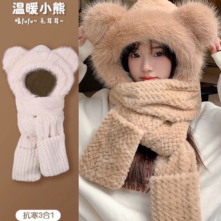 Cute furry ear hat, warm winter gloves, little bear cycling scarf, three-piece set, thickened ear-protecting scarf Item Picture