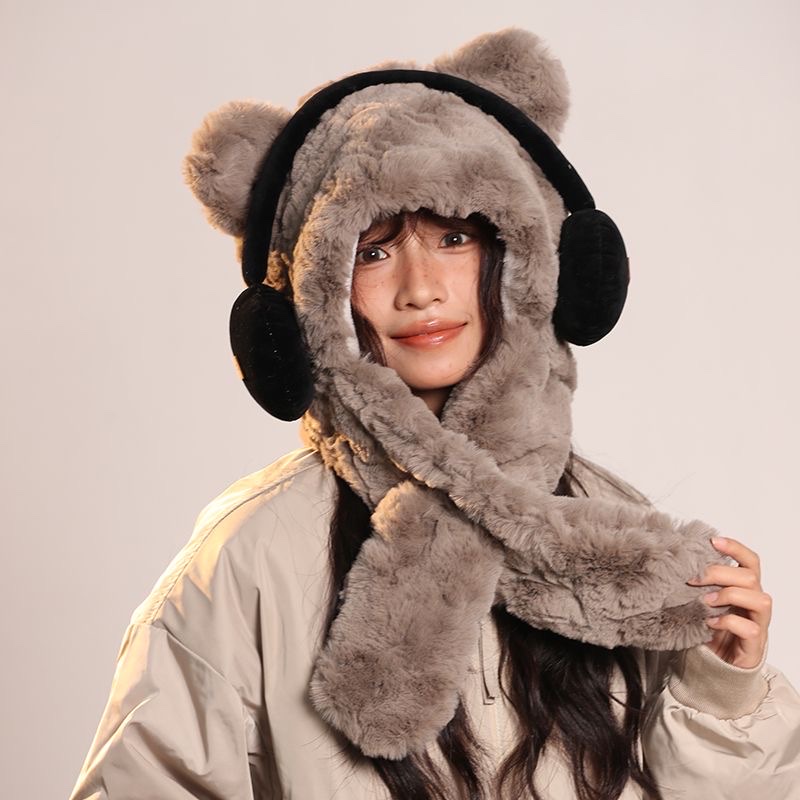 新款耳机小狗帽子围巾一体防寒保暖连帽围脖加厚护耳毛绒帽暖产品图