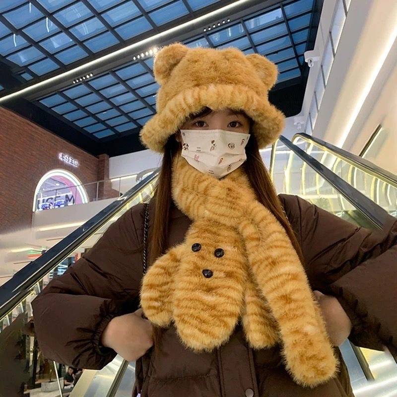 可爱小老虎毛绒耳朵渔夫帽子女2024年秋冬护颈保暖卡通围脖两件套详情图6