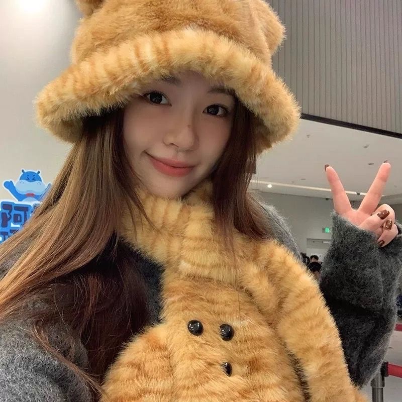 可爱小老虎毛绒耳朵渔夫帽子女2024年秋冬护颈保暖卡通围脖两件套详情图5