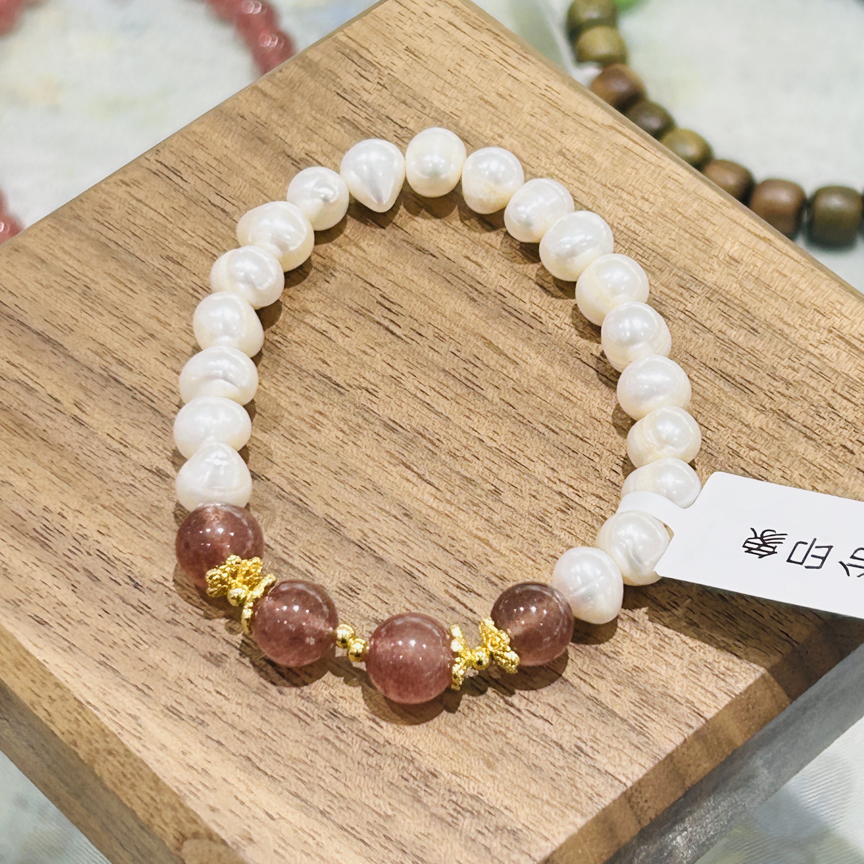 Strawberry crystal bracelet, freshwater pearl bracelet