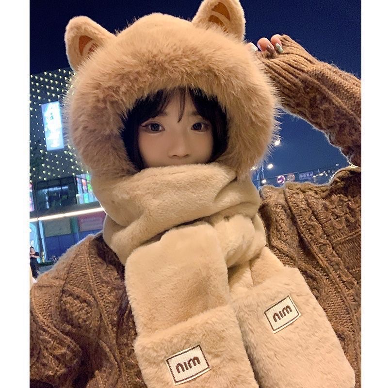 可爱毛绒耳朵帽子围巾手套一体女冬季加厚保暖骑车防寒护耳雷锋帽