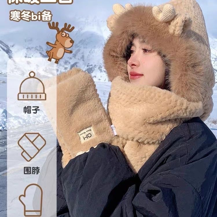 冬天围巾手套一体连帽女加绒加厚围脖骑行时尚百搭防寒保暖三件套详情图5