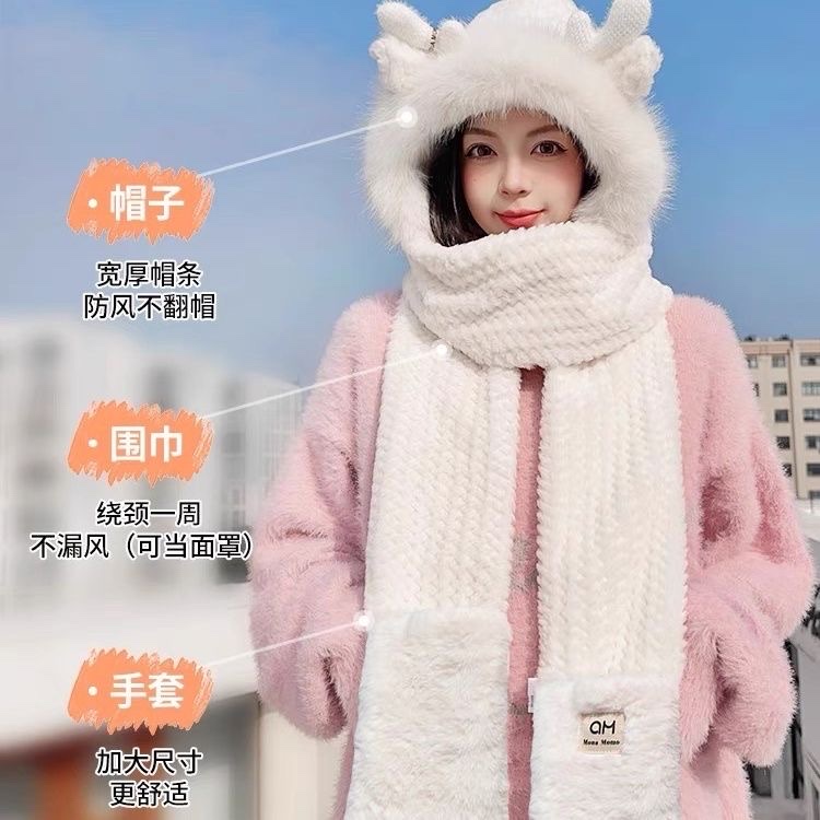 冬天围巾手套一体连帽女加绒加厚围脖骑行时尚百搭防寒保暖三件套产品图
