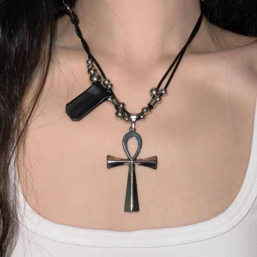 y2k Subculture Punk Heavy Industry Cross Long Necklace Adjustable for both men and women, hip-hop versatile leather rope chain details Picture