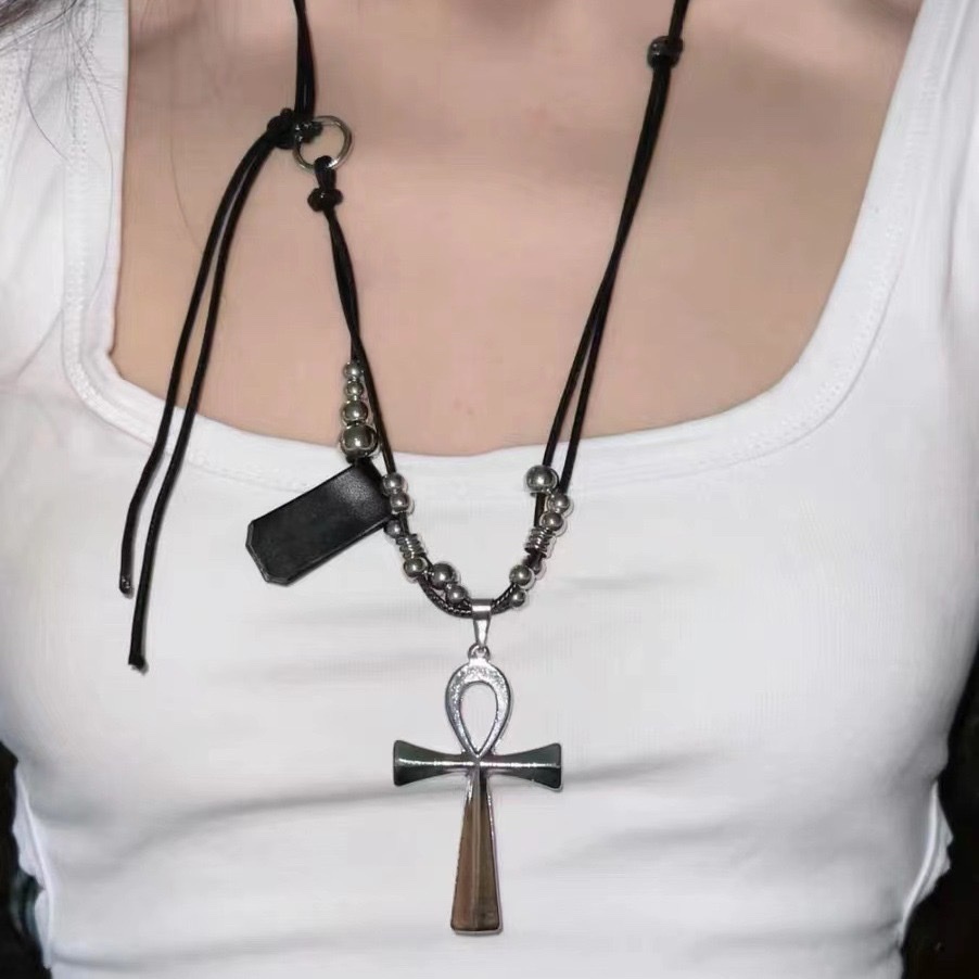 y2k Subculture Punk Heavy Industry Cross Long Necklace Adjustable for both men and women, hip-hop versatile leather rope chain Specification image