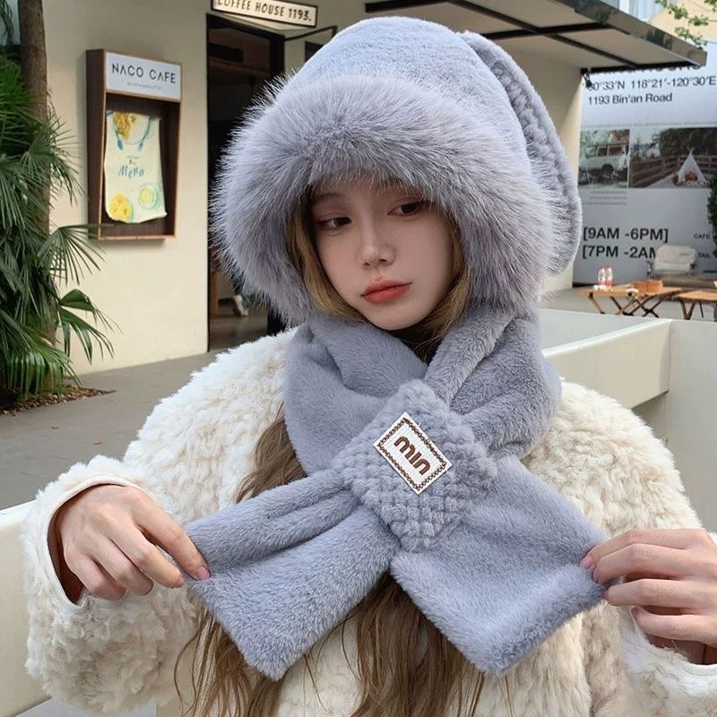 A cute one-piece hat and scarf, thickened ears, plush winter new warm cycling scarf, ear protection for autumn and winter detail image 2