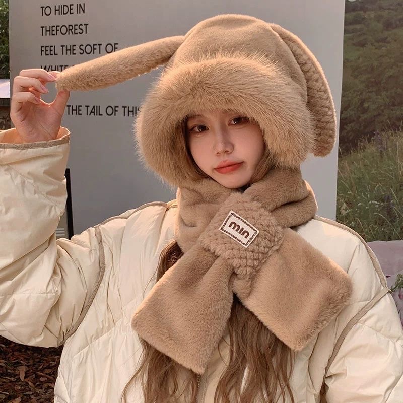A cute one-piece hat and scarf, thickened ears, plush winter new warm cycling scarf, ear protection for autumn and winter detail image 5