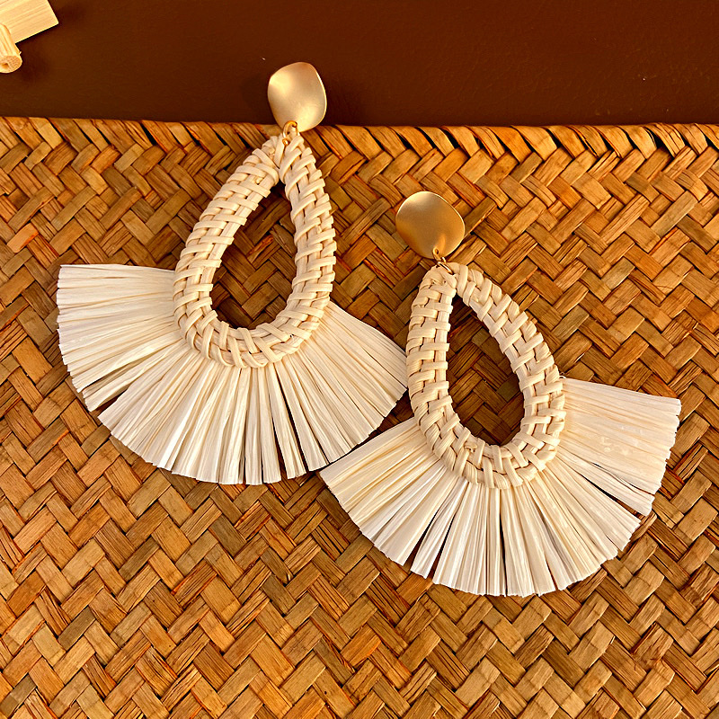 韩国东大门夸张个性拉菲草扇形流苏耳环海岛度假风耳饰时尚耳坠女细节图