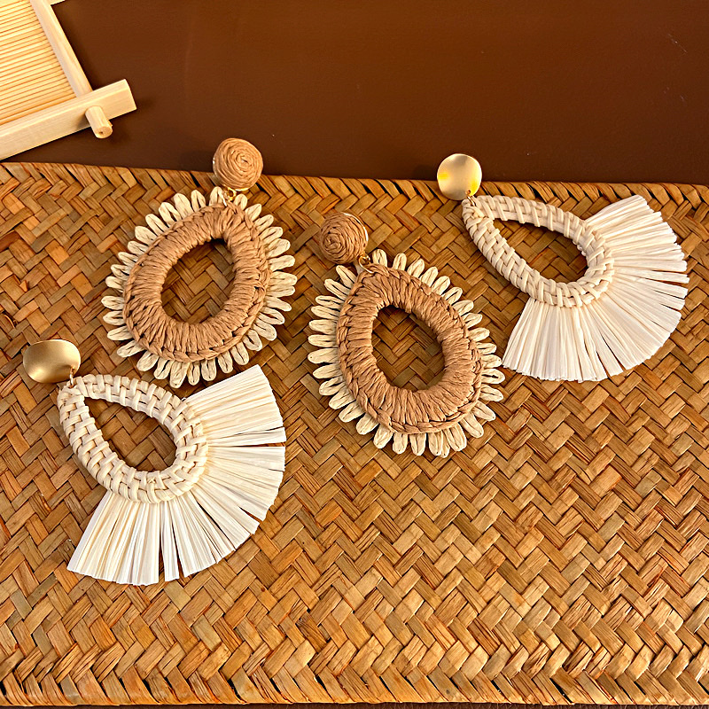 韩国东大门夸张个性拉菲草扇形流苏耳环海岛度假风耳饰时尚耳坠女