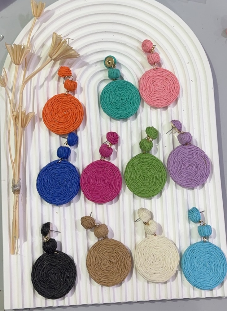 欧美热销民族波西米亚海滩度假风手编织拉菲带圆形长耳环耳饰饰品