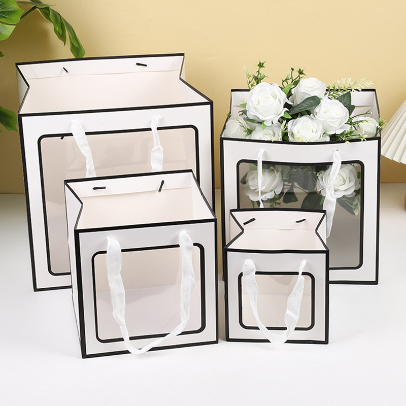 橱窗袋方袋手提袋礼品袋现货520送礼单支鲜花袋批发方形开窗手提袋产品图